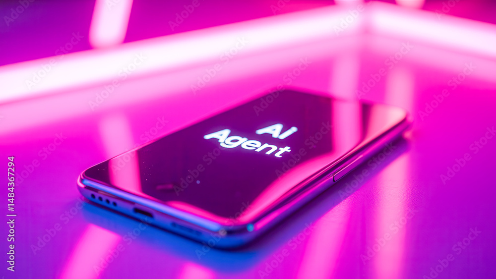 Poster smartphone displaying ai agent text under neon light background with reflection