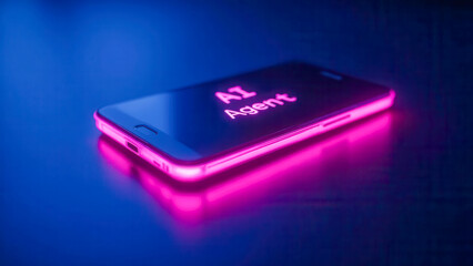 Modern Smartphone Display with Glowing AI Agent Text in Vibrant Neon Colors