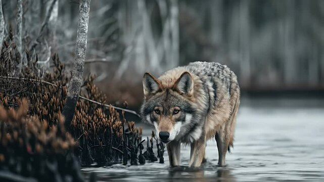 Gray wolf in marsh water