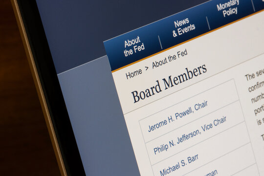 Portland, OR, USA - May 9, 2025: Names of the 7 members of the Board of Governors of the Federal Reserve, including Chair Jerome Powell and Vice Chair Philip Jefferson, are seen on the Feb website.