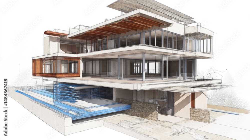 Poster earthquake-resistant frame structure sketch with annotations and shear wall design notes