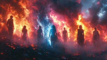 Silhouettes of figures amidst fiery and icy celestial forces