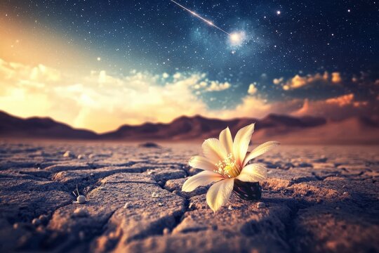 Single Flower Blooming in Arid Desert Under Starry Night Sky