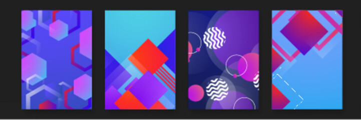 Four colorful abstract backgrounds with geometric shapes. Ideal for graphic design projects, website backgrounds, social media posts, and digital art.