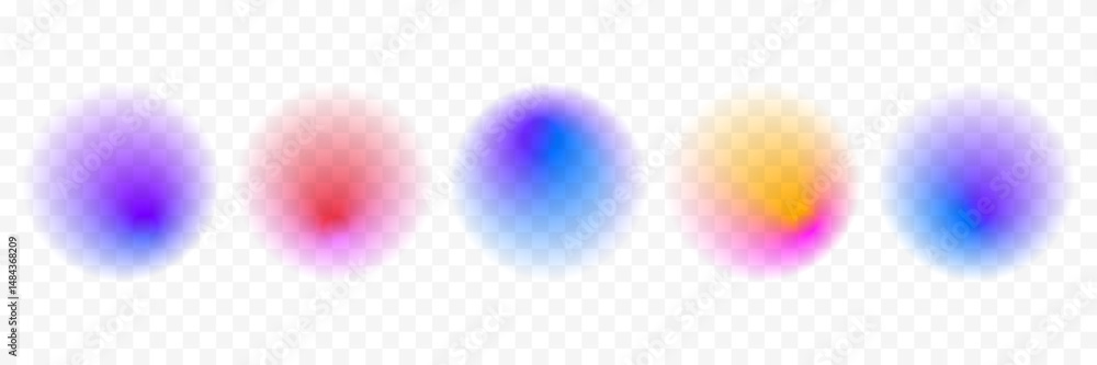 Poster Blur circle gradient shape set. Colored smooth sphere gradation collection. Y2K blurry round aura pack. Bright iridescent abstract blob bundle for poster, template, badge, sticker, collage. Vector
