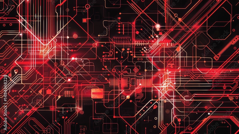 Poster abstract red circuit board pattern with glowing lights on dark background. the red hues and light ef