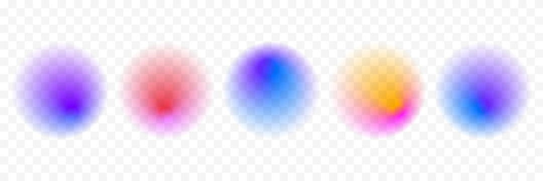 Blur circle gradient shape set. Colored smooth sphere gradation collection. Y2K blurry round aura pack. Bright iridescent abstract blob bundle for poster, template, badge, sticker, collage. Vector