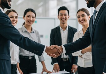 Business people shaking hands during a meeting with diverse team members in the office