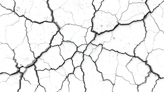 Surface cracks and fissures in ground, concrete, crevices from disaster top view. Breaks on land surface from earthquake isolated on white background. Broken ground, wall, glass pattern effect. Damage