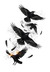 Digital artwork of black crows in flight and feathers drifting one ablaze set against a plain white background.
