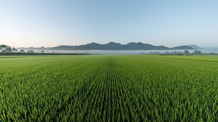 Naklejka premium Lush Green Rice Field Under Clear Sky with Mountain Range Background