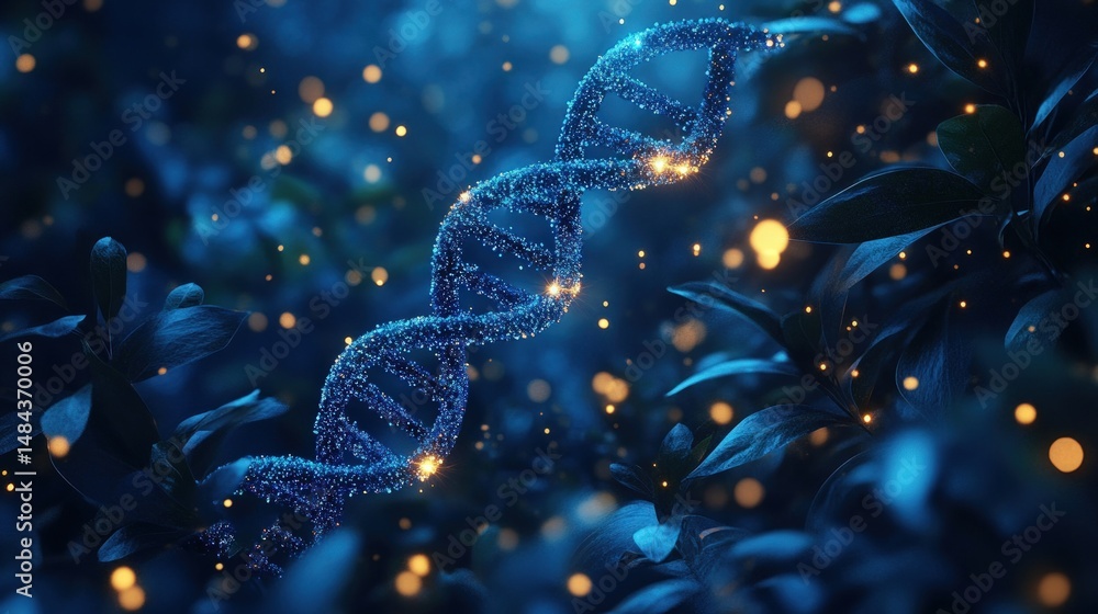 Poster illuminated dna helix surrounded by mystical greenery with glittering particles in a deep blue envir