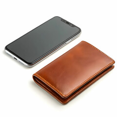 smart phone and brown wallet on white background