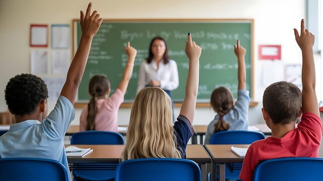 Elementary school students raising their hands in class with teacher in background