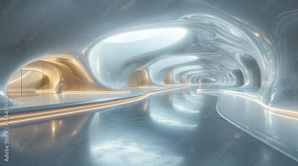 Poster abstract futuristic tunnel with smooth, flowing forms and ambient lighting