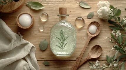 Natural spa products on wooden surface