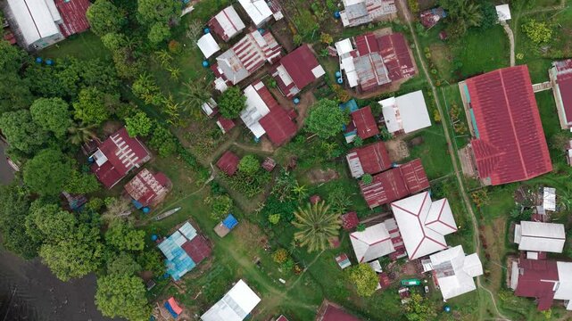 Top down aerial glide along traditional longhouses with rusty red roofs perched on the riverbank amid lush foliage.