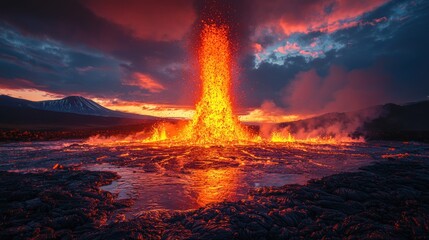 Erupting Volcano at Dawn. Fiery column of lava erupting from a volcanic vent, reflecting in a pool of molten lava.  Dramatic clouds and a fiery sunrise over the landscape