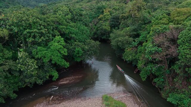 Tracking shot of a sampan, longboat along the rivers of Sarawak beneath tree canopies.