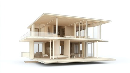 Framing of a residential house with visible trusses, rafters, and exposed plywood flooring