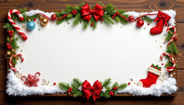 the festive design of this christmas sign banner frame features classic holiday elements like candy canes, ornaments, and stockings, creating a cheerful and inviting atmosphere