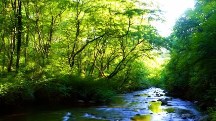 Scenic forest river flowing through sun dappled green foliage and woodland trees creating a nature scene