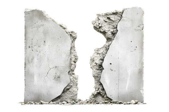 Isolated shattered concrete block against a stark black background showcasing destruction