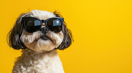 A stylish Shih Tzu dog wearing black sunglasses, posing confidently in front of a bright yellow background. The playful and cool demeanor of the dog makes this a perfect image.