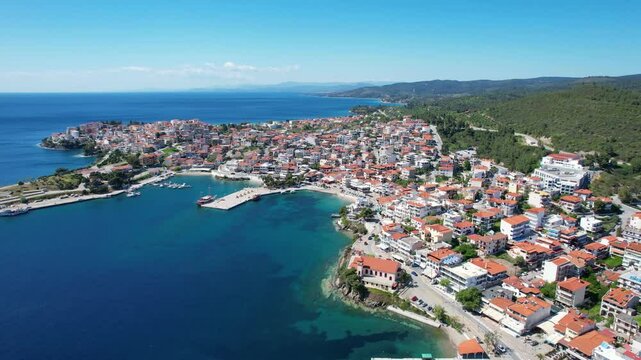 Neos Marmaras Halkidiki Aerial Panoramic View of Coastal Village, Summer Destination Greece, Point of Interest Shot