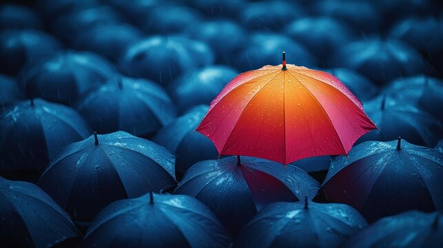 One red umbrella amidst many blue
