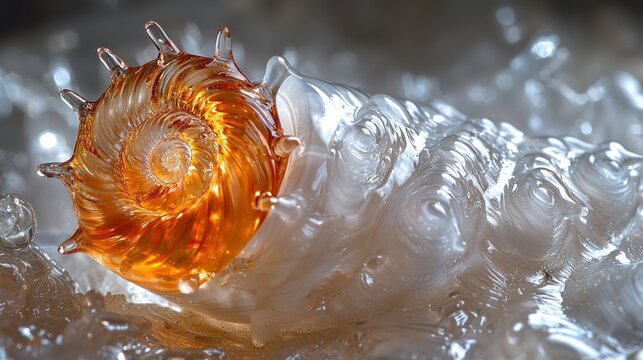 Ornate, amber-hued seashell sculpture, with translucent white details, rests amidst bubbly, liquid-like surroundings
