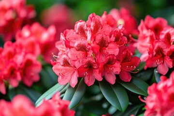 Vibrant coral flowers cluster in lush green foliage