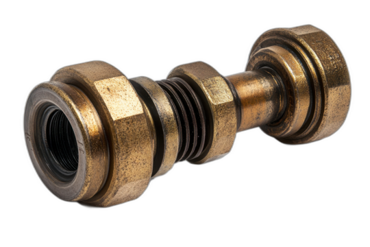 Brass threaded fitting with hexagonal shape, ridged details, and screw threads, isolated on transparent background.