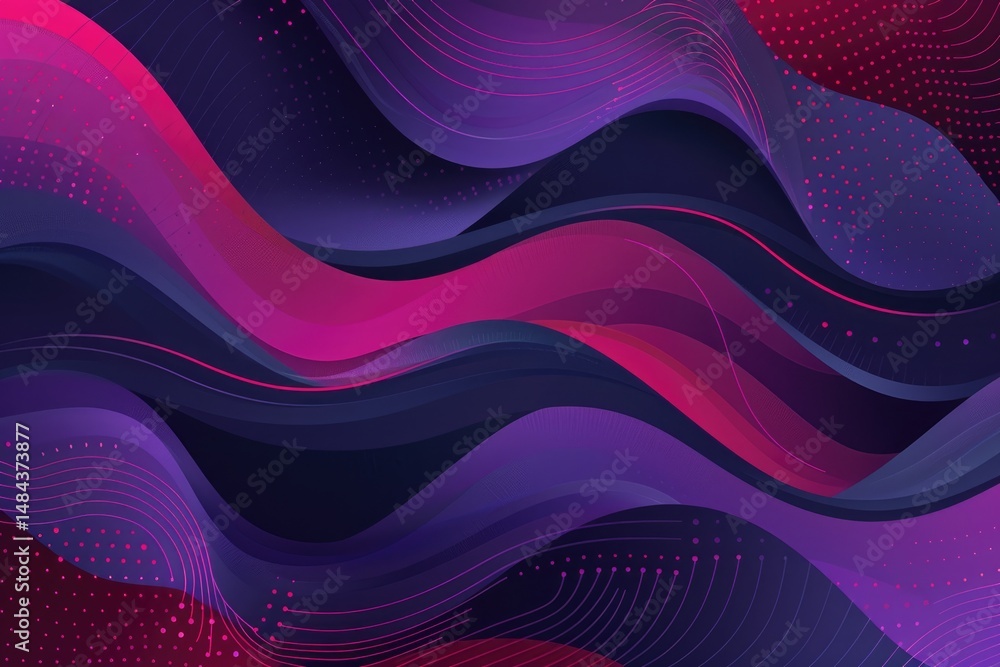 Poster purple and pink wavy lines with dots on a dark background. background of 3d rendering wave with vibr