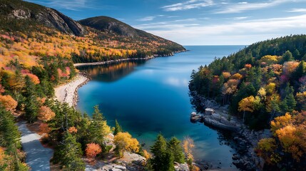 Fototapeta premium A beautiful autumn scene at the awe-inspiring Little Beauty Lake in Lobster Potion Park. The forest trees display vibrant fall colors, and rocks line the shore. A mountain range stands in background.