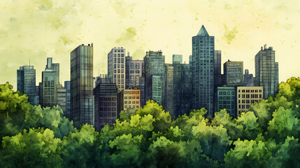 Naklejka premium A vibrant watercolor depiction of city buildings surrounded by lush green trees, blending nature with urban life. [Urban Beasts] | Rooftop Lurker | skyline beast. Illustration