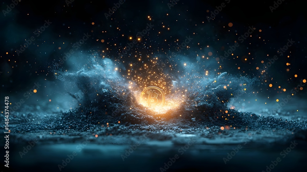 Poster explosive digital revolution of bitcoin and financial technology represented by an abstract explosio
