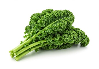 Fresh green kale leaves and stems are bundled together on a white surface