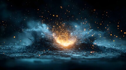 Explosive digital revolution of Bitcoin and financial technology represented by an abstract explosion of light and Bitcoin symbols in a futuristic digital universe