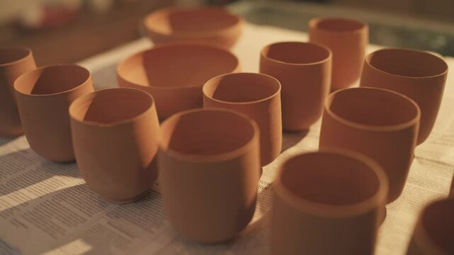 Handmade clay pottery cups and bowls placed on newspaper sheets, drying after shaping, under soft warm studio light highlighting earthy textures and craftsmanship, slow motion reveal