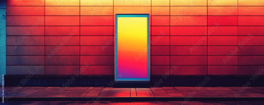 Poster a neon door is lit up in a red background. the door is open and the light is shining through it. the