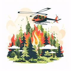 Illustration of forest wildfire with helicopter flying above blazing trees and thick smoke in green woodland
