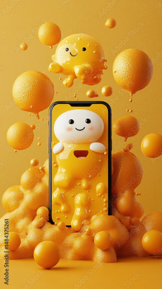 Poster a cartoonish phone is surrounded by orange blobs, with a smiling face on the phone. the image convey