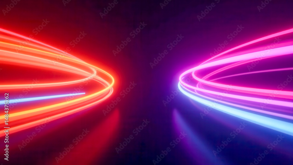 Poster dynamic neon light trails in dark space creating vivid colorful abstract patterns