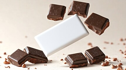 Top view of white chocolate bar surrounded by chunks on brown background for product packaging mockup.