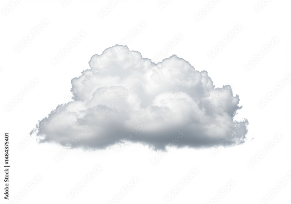 Poster a single cumulus cloud floats in the sky with a puffy and soft texture on a white background