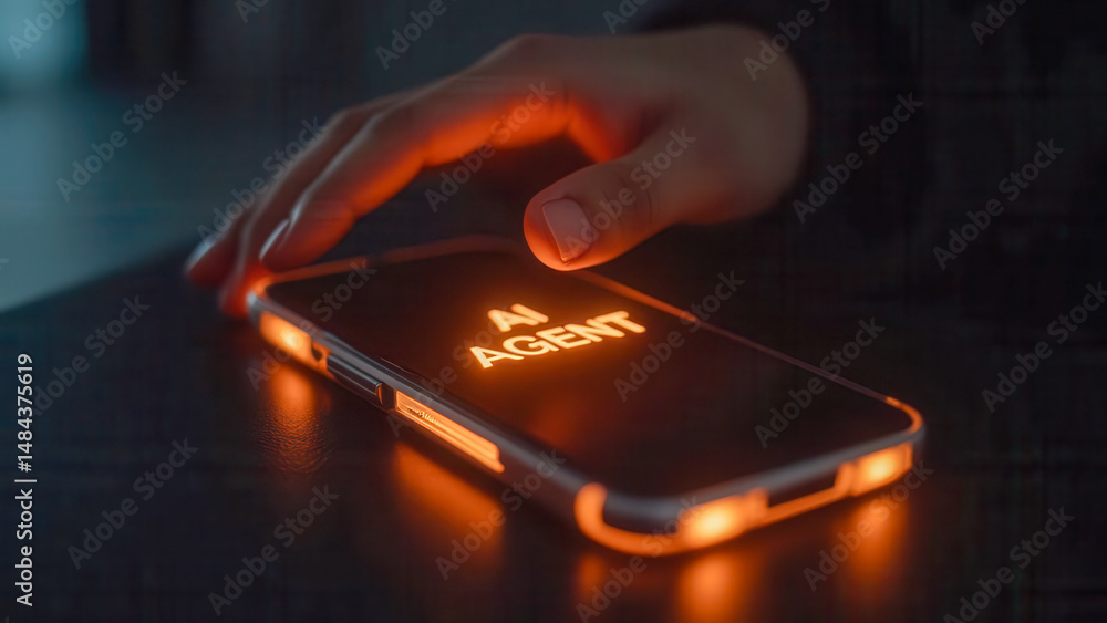 Poster hand using smartphone with glowing text of ai agent in dark setting