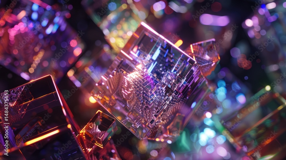 Poster 3d rendering of various shape off glass prism on a dark background. macro photograph of transparent 