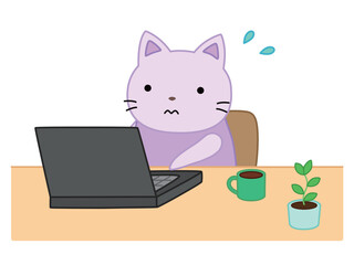リモートワークをするネコ　主線あり