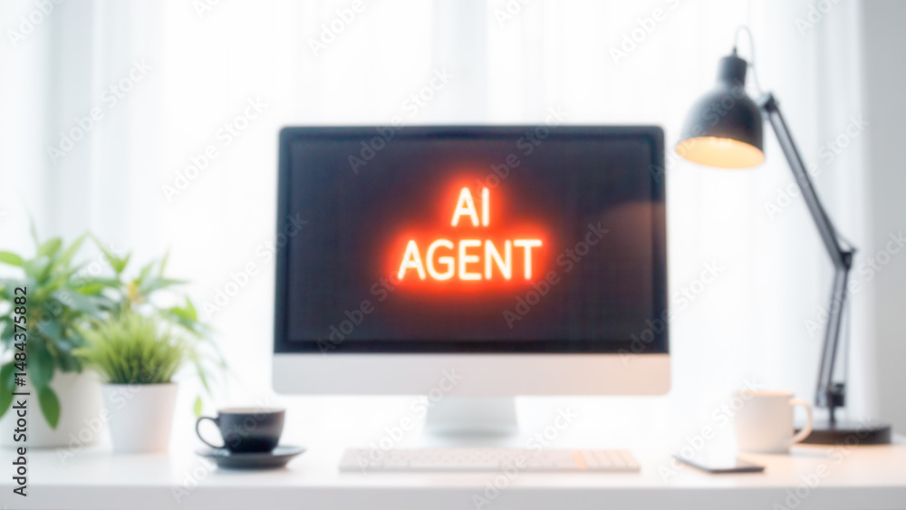 Poster modern workspace with computer displaying ai agent concept in bright office setting
